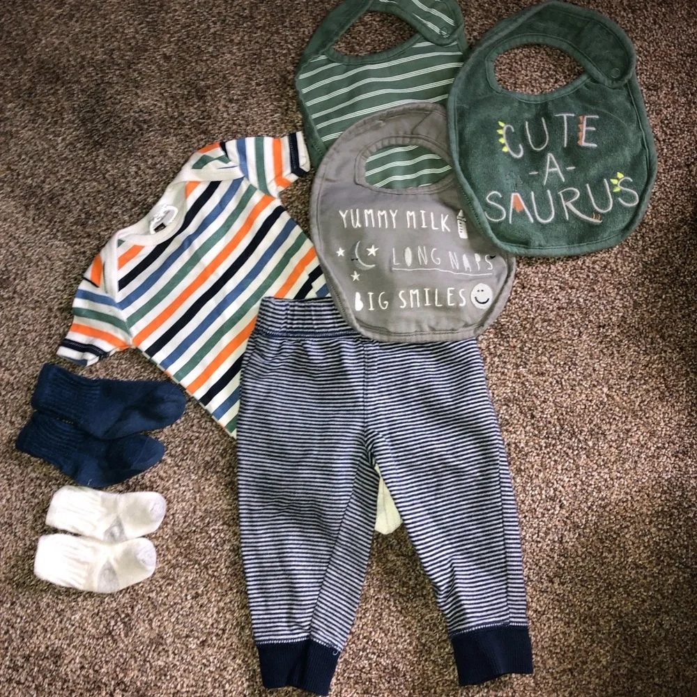 Lot of boys clothes Green 'Cute-a-Saurus' & Striped Bib pants shirt sz 9-12 mo